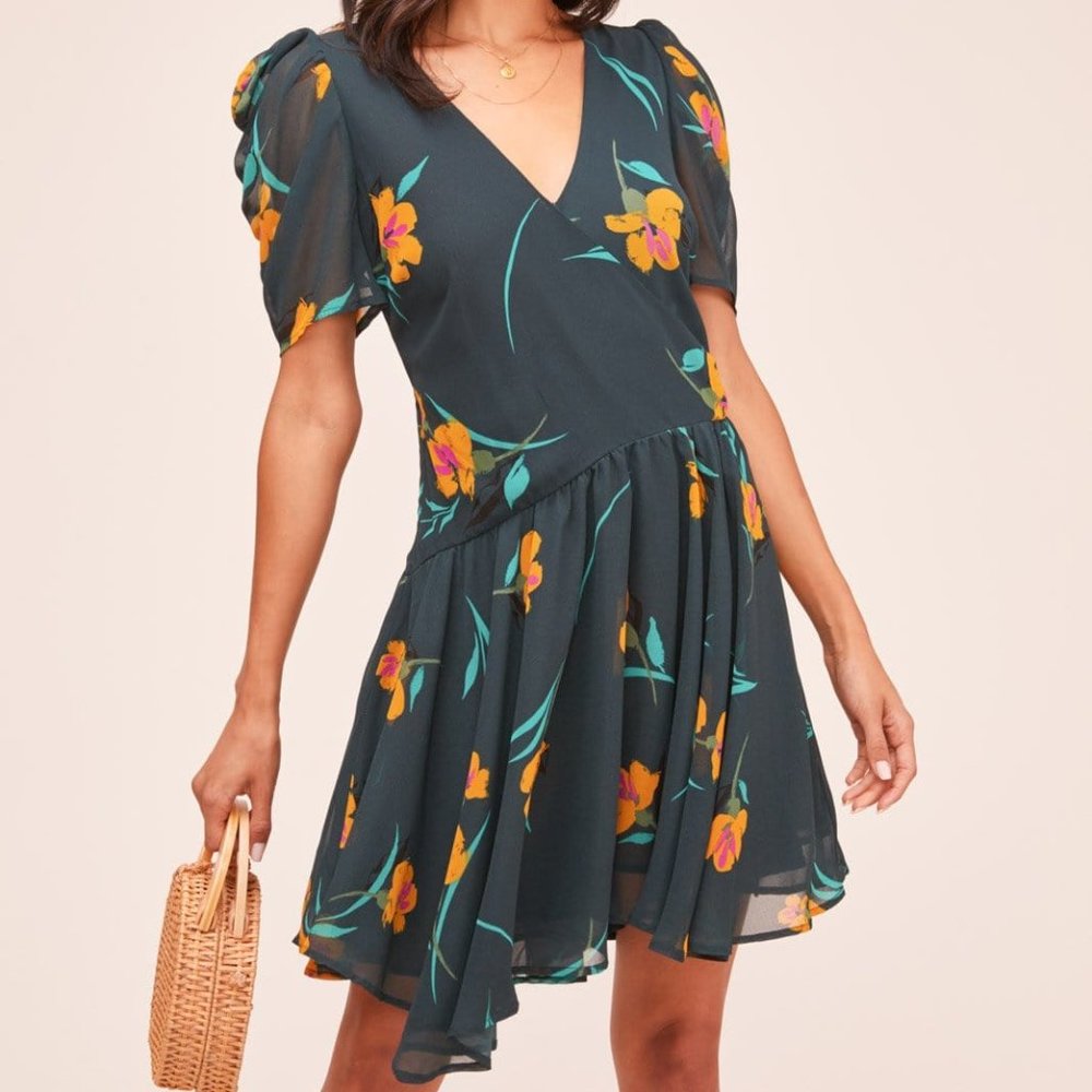 Astr Asymmetrical Floral Dress Dark Green Size S